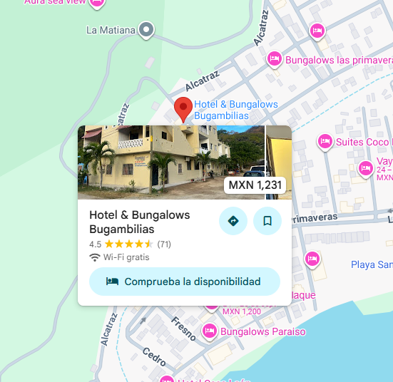 Ubicación panoramica de google maps del Hotel & bungalows bugambilias en San Patricio Melaque